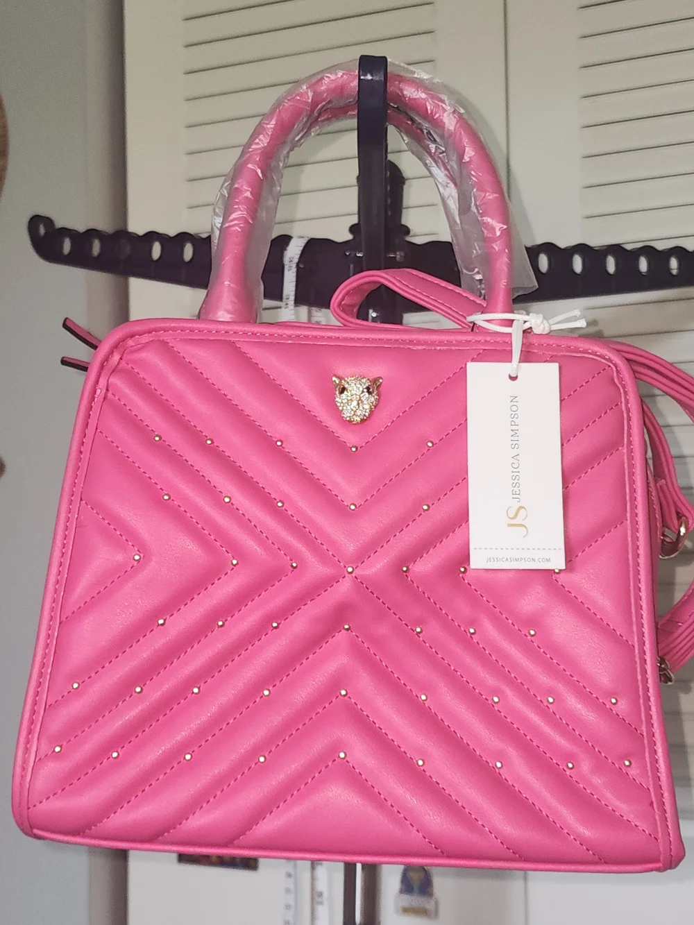 Jessica Simpson Pink Quilted Studded Satchel Top Handle Zip, Detachable Strap